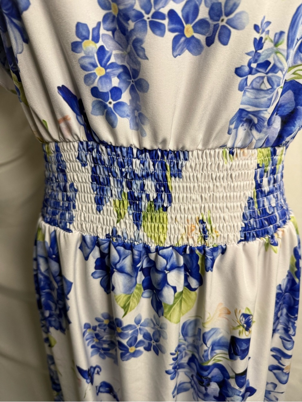 229) Blue & White Floral Smocked Midi Dress | Flutter Sleeve Cottagecore - Picture 7 of 10